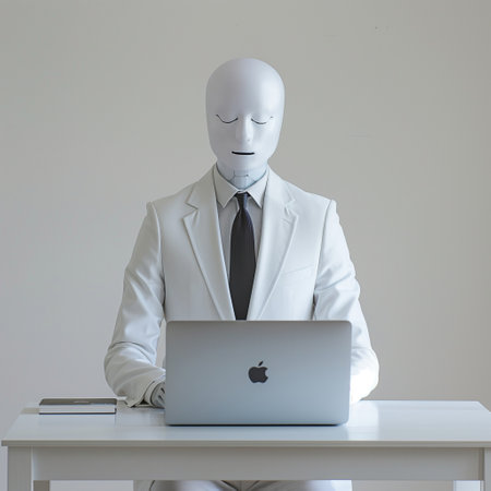 Businessman wearing a white suit sitting at his desk using a laptop with a sad faceの素材
