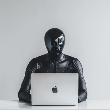 cyborg in black latex suit using laptop on table isolated on grayの素材