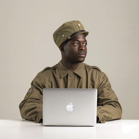 African american soldier wearing khaki hat sitting at desk with laptopの素材