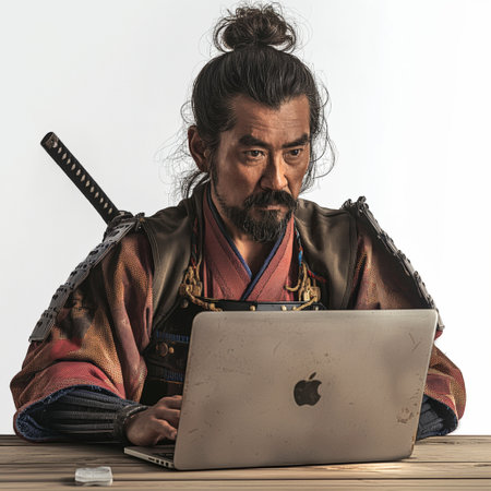 Portrait of a man in a kimono with a laptopの素材