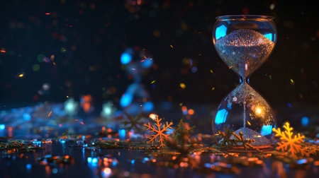 Hourglass with snowflakes on dark background. Christmas time conceptの素材