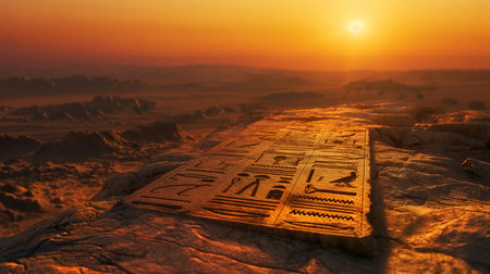 sunset in the desert of Egypt and Egyptian hieroglyphsの素材