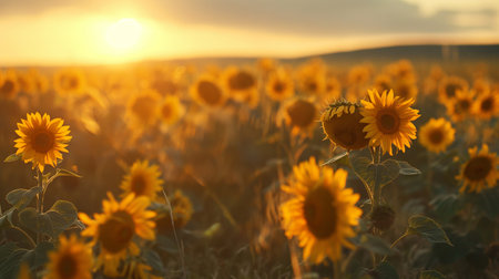 Sunflower field at sunset. Beautiful summer landscape with sunflowers.の素材