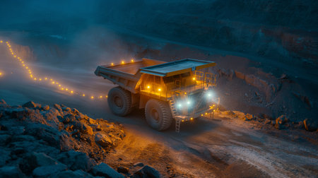 Dump truck in an open pit mine at night. 3d renderingの素材