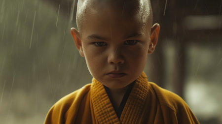Buddhist monk in the rain, closeup of a portraitの素材