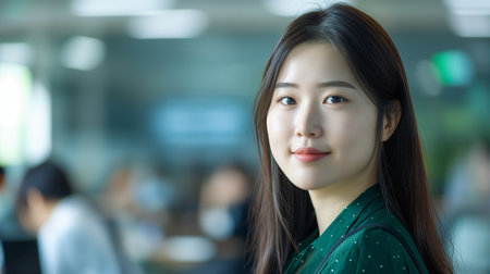 Portrait of a beautiful Asian woman looking at camera in officeの素材