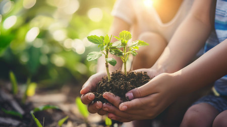 Hands of mother and child holding green seedling growing in soil on blurred nature backgroundの素材