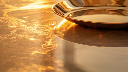 Close up of a golden plate on a marble countertop with reflectionの素材
