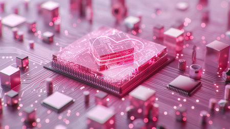 Cyber security concept. Pink circuit board with heart icon 3d renderの素材