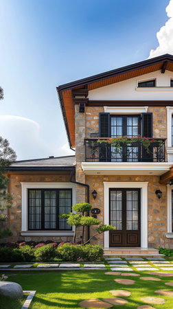 Modern house in the garden with beautiful landscaping and laws.の素材