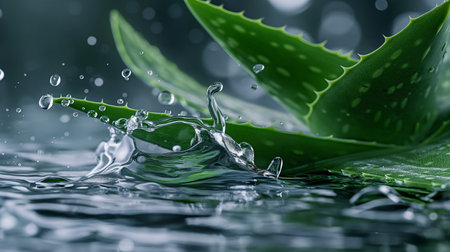 Aloe vera leaf with water splash and drops on dark backgroundの素材