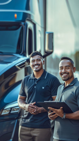 portrait of happy Indian man with clipboard and colleague standing near truckの素材