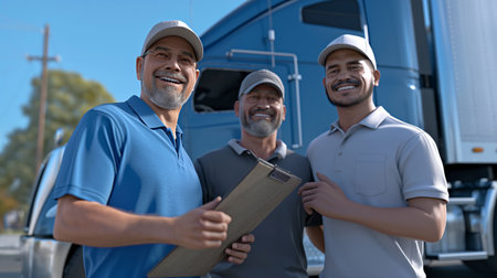Portrait of smiling mature men with clipboard standing in front of truckの素材