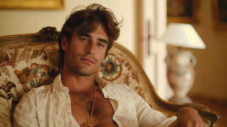 Handsome young man relaxing in an armchair in a hotel roomの素材