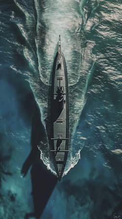 Aerial view of a military ship in the ocean. 3D Renderingの素材