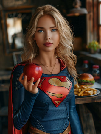 Beautiful young woman in super hero costume with red apple in cafeの素材