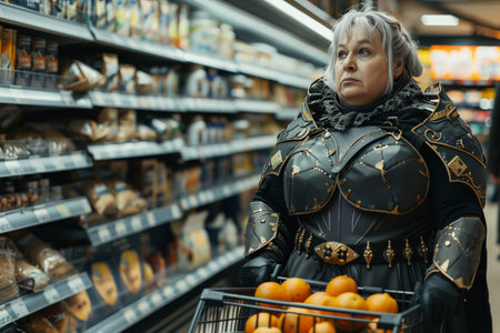 Portrait of an elderly woman in a black suit in the supermarketの素材