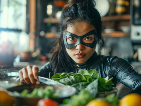 Young Asian woman in black mask cooking salad in the kitchen.の素材