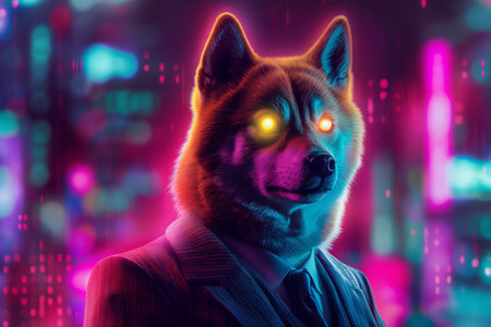 Shiba inu dog in a suit on a background of night city.の素材