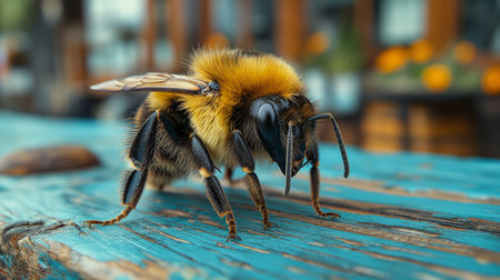 Bumblebee (Bombus terrestris) on wooden tableの素材