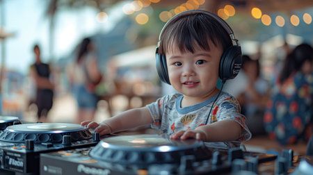 Cute asian baby boy playing vinyl record with headphones in the parkの素材