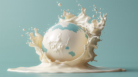 3d rendering of Earth in milk splash on a blue background.の素材