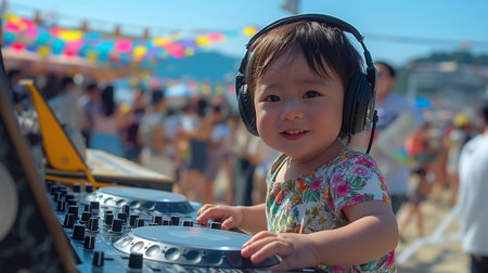 Asian baby girl playing the dj on the beach in the summer.の素材