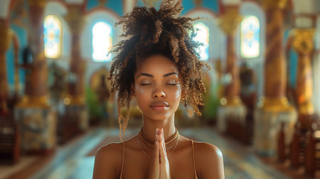 Young African American woman with closed eyes meditating in churchの素材
