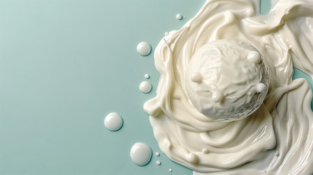 Ice cream on a blue background with splashes of white milk.の素材