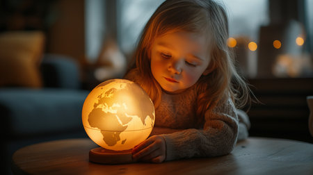 Cute little girl playing with a globe at home in the eveningの素材