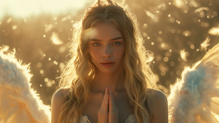 Beautiful young woman with angel wings on the field at sunset.の素材