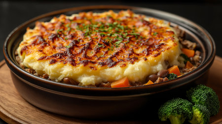 Potato gratin with beef and mushrooms on a dark background.の素材