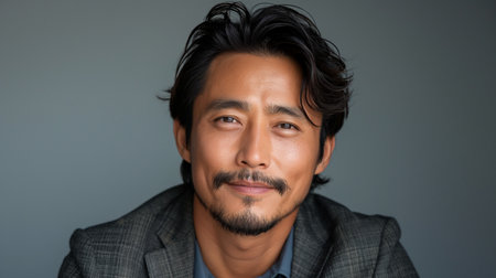 Portrait of handsome Asian man looking at camera on gray backgroundの素材