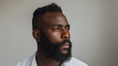 Portrait of handsome African American man with beard looking awayの素材