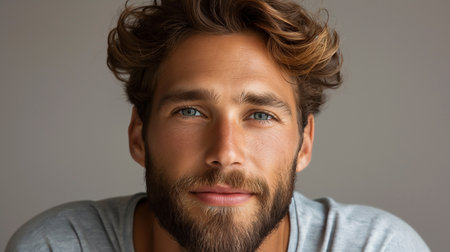 Close up portrait of a handsome young man with beard and mustache.の素材