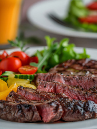 Slices of grilled beef steak with fresh vegetable salad on plateの素材