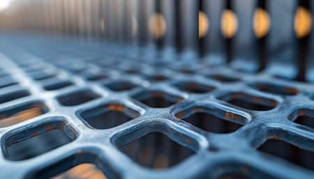 Close-up of a metal grid. Abstract background. Selective focus.の素材