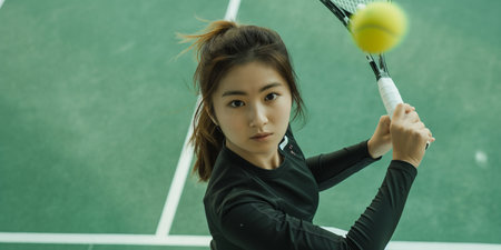 Portrait of young Asian woman playing tennis on tennis court.の素材
