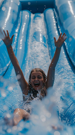 Happy young woman having fun in an inflatable swimming pool on a hot summer day.の素材