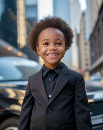 Portrait of a smiling African American little girl in the cityの素材