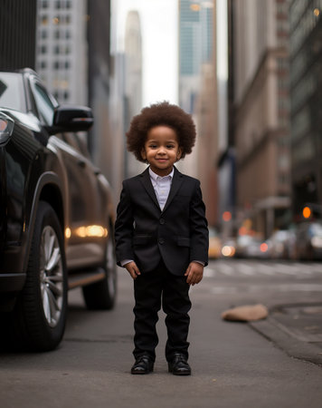 Little African American boy in suit posing in the city.の素材