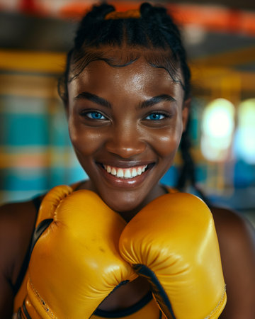 Close up portrait of a young African American woman wearing boxing glovesの素材