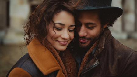 Portrait of a happy young couple embracing each other while standing outdoorsの素材