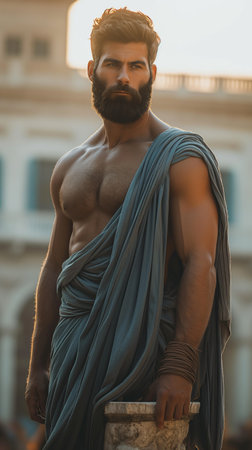 Portrait of a handsome bearded man with long beard and moustache in a blue silk cape.の素材