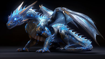 3D rendering of a fantasy dragon isolated on black background with clipping pathの素材