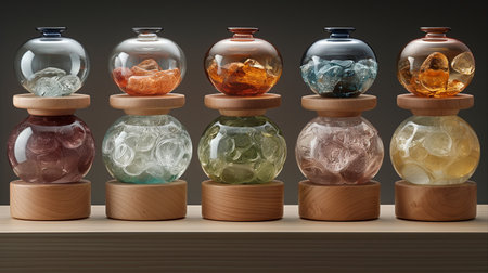 Colorful glass bottles with different shapes and colors on a wooden shelfの素材