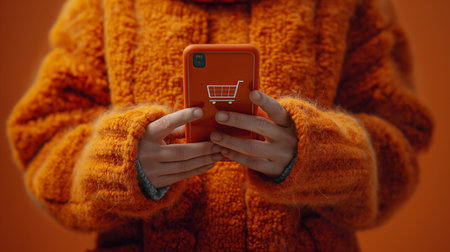 Woman holding smartphone with shopping cart on orange background. Online shopping conceptの素材