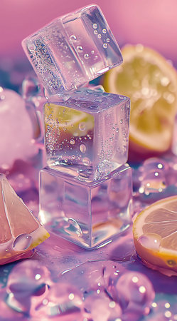 Ice cubes with lemon and water drops on a pink background. Toned.の素材