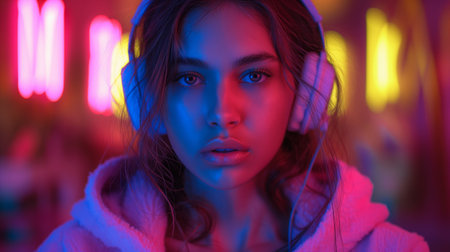 Portrait of a beautiful girl with headphones in the night club.の素材