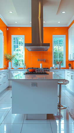 3d rendering of white modern kitchen in a luxury house with orange wallsの素材